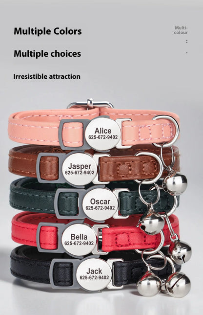 Adjustable Engraved Leather Pet Collar for Cats