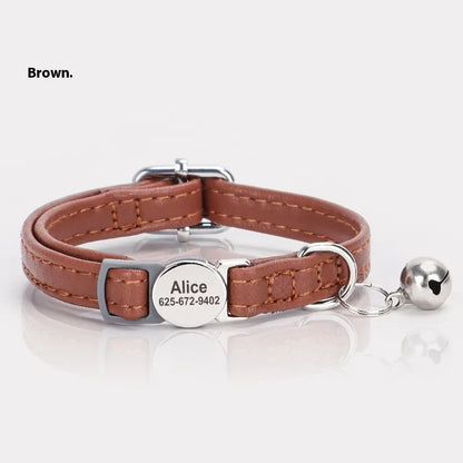Adjustable Engraved Leather Pet Collar for Cats