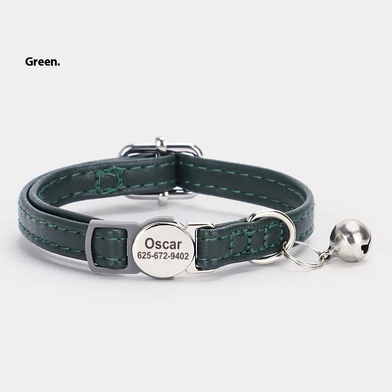Adjustable Engraved Leather Pet Collar for Cats